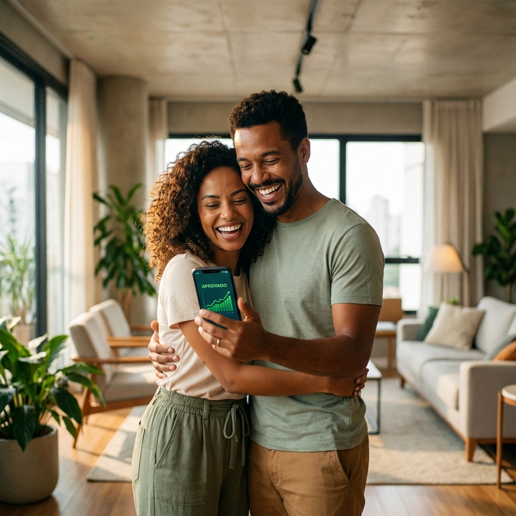 Casal feliz vendo aprovação no celular